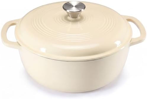 DUMOS Cast Iron Dutch Oven, 6 Quart Pot with Lid, Enameled Heavy Duty Cookware, Oven Safe to 500°F, Perfect for Bread Baking, Stews and Roasting, Moisture Sealing Lid with Dual Handles, Beige