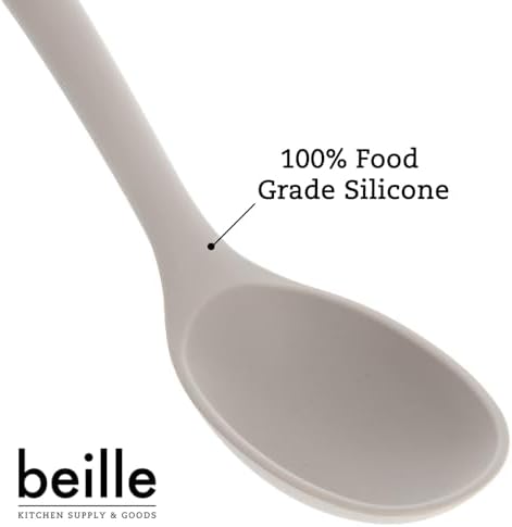 Beille 1pc Beech Wood and Silicone Cooking Spoon Kitchen Utensils Baking Supplies Home Essentials, Light Grey