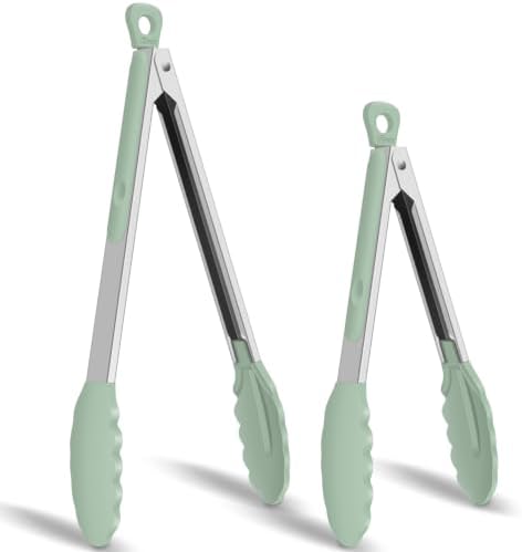 HOTEC Stainless Steel Kitchen Tongs with Silicone Tips, Set of 2-9" and 12"