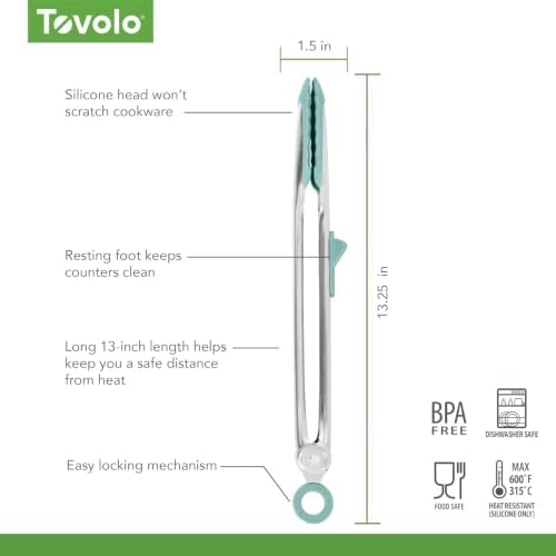 Tovolo Tongs With Silicone Tips Easy Grip 13” Long Kitchen Tongs Stainless Steel Handle For Cooking, Non Scratch Heat Resistant Metal Silicone Tipped Dishwasher Safe BPA Free Aqua Seafoam Green