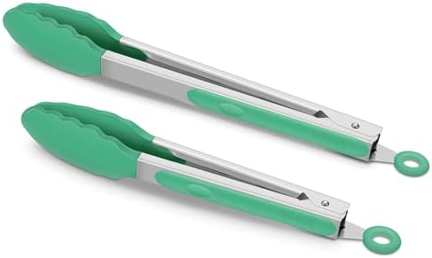 2 Pack Silicone Kitchen Tongs, 9 & 12 Inch, Stainless Steel, Turquoise