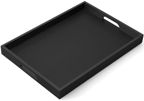 17 Inch Wood Serving Tray with Handles - Large Wooden Tray for Ottoman, Breakfast in Bed, Dinner, Coffee Table - Black Rectangular Tray for Living Room Bedroom Entryway and Kitchen