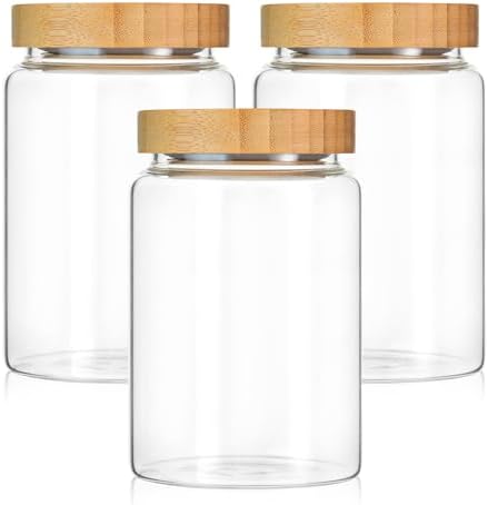 3 Pack 900 ml / 30 oz clear cute glass storage canister holder with airtight bamboo lid, modern decorative small container jar for coffee, spice, candy, salt, cookie, condiment, pepper, sugar