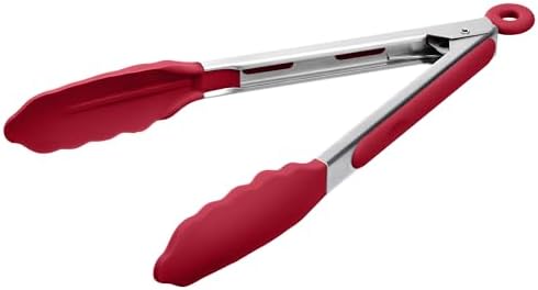Doosu Kitchen Tongs with Silicone Tips for Cooking Serving (9in, Red)