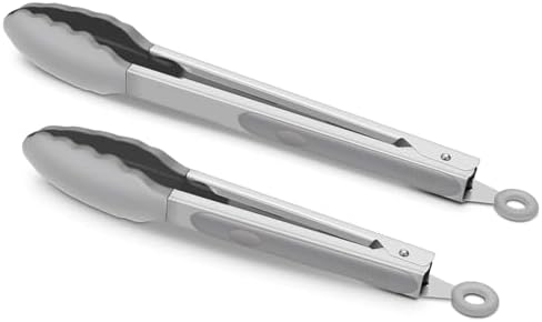 2 Pack Silicone Kitchen Tongs, 9 & 12 Inch, Stainless Steel, Grey