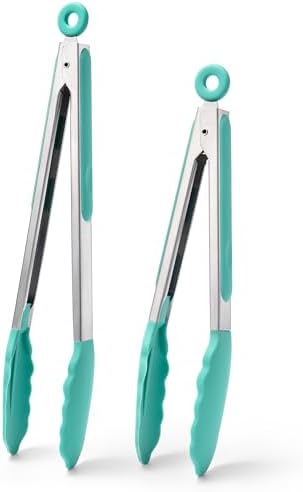 Doosu Kitchen Tongs with Silicone Tips for Cooking Serving (9+12in, Aqua)