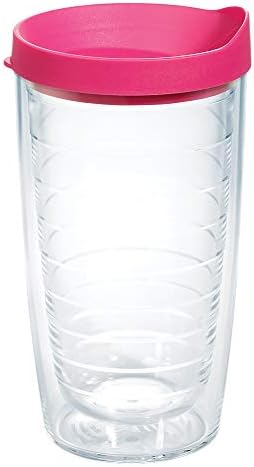 Tervis Clear & Colorful Lidded Made in USA Double Walled Insulated Tumbler Travel Cup Keeps Drinks Cold & Hot, 16oz, Fuchsia Lid
