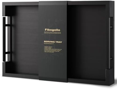 Fibogollo Bamboo Serving Trays with Metal Handles,Medium(Black)
