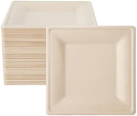 ECOLipak 125 Piecs Compostable Square Paper Plates, 6 inch, Nature