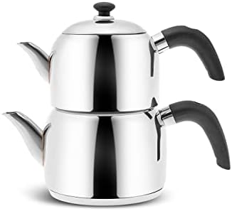Karaca Edge Stainless Steel Turkish Small Teapot Set, Stackable Tea Maker, Teapot 0.85L, Tea Kettle 1.25L, Induction Compatible, Durable Metal Body, Silver & Black