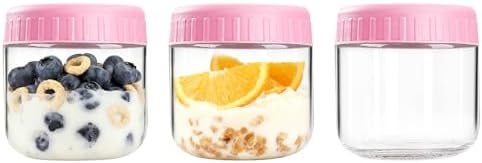 Overnight Oats Containers with Lids, 10oz Wide Mouth Mason Jars with Lids, 3 Pack Glass Jars with Airtight lid for Chia Pudding Yogurt Salad, Meal Prer Oatmeal Jars, Pink
