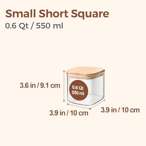 ComSaf Square Glass Containers with Lids 0.6 Qt, Set of 6 Small Glass Jars