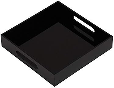 KEVLANG Glossy Black Sturdy Acrylic Serving Tray with Handles-10x10Inch-Serving Coffee,Food,Breakfast,Butler-Kitchen Countertop Tray-Makeup Drawer Organizer-Vanity Table,Ottoman Tray-Decorative Tray