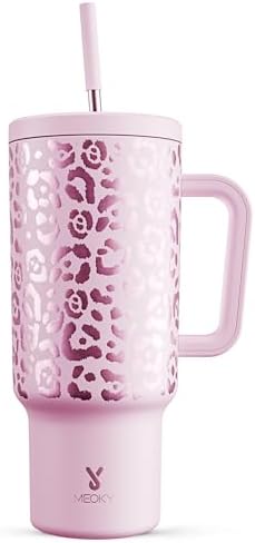Meoky 40 oz Tumbler with Handle and Straw, Tumbler with Lid and Straw, Insulated Stainless Steel Travel Mug, 100% Leak-proof, Keeps Cold for 34 Hours or Hot for 10 Hours (Pink Leopard)