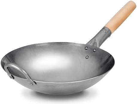 Craft Wok Traditional Hand Hammered Chinese Carbon Steel Wok with Wooden and Steel Helper Handle (12 Inch, Round Bottom Pow Wok Pan) / 731W88-12in