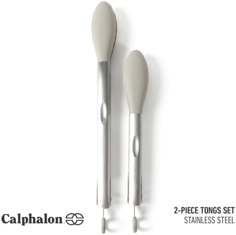 Calphalon Edge Tongs Set, 2-Piece Stainless Steel Kitchen Tongs Set with Silicone Heads, Includes 9-Inch & 12-Inch Heat-Resistant Locking Tongs for Cooking, Grilling & Serving, Taupe