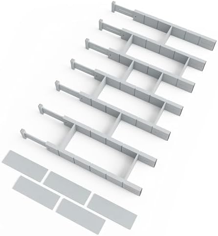 SpaceAid Bamboo Drawer Dividers with Inserts and Labels, Kitchen Adjustable Drawer Organizers, Expandable Organization for Home, Office, Dressers, 7 Dividers with 15 Inserts (17"-22" Gray)