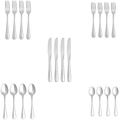 Amazon Basics Silverware Set, Stainless Steel Flatware, Dishwasher Safe, Service for 4, 20-Piece Forks and Spoons, Crown Edge, Everyday Use (Pack of 10)