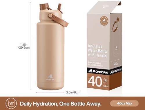 POWCAN 40 oz Insulated Water Bottle with 2-in-1 Straw and Spout Lid, Keep Cold 24H, Leak-Proof, BPA-Free, Double Wall Stainless Steel Water Bottle for Sports, Gym, Travel, and School (Mocha)