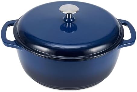 Amazon Basics Enameled Cast Iron Dutch Oven Pot with Lid, Round, Dual Handles, Heavy-Duty, Oven Safe for Stews, Roasting, Baking, 6-Quart, Navy