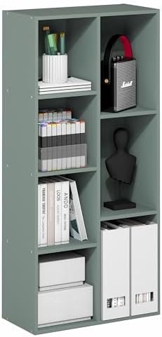 Furinno LUDER Book Shelf, 7-Cube Bookshelf, Bookcase with Open Shelves, 9.4 x 19.5 x 41.7, Easy Assembly, for Living Room, Bedroom, Home Office, Sage Green