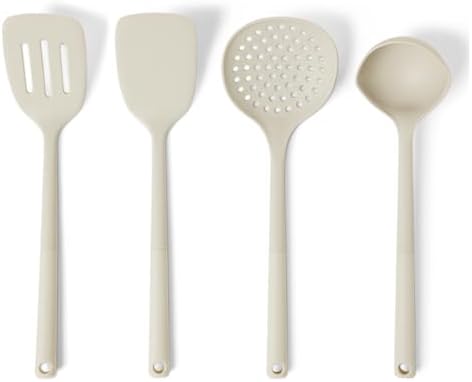 Amazon Basics Silicone Cooking Spoon, Ladle and Spatula Set, 4-Piece, Slotted, Soft Grip Handle, BPA-Free, Dishwasher-Safe, Linen Gray