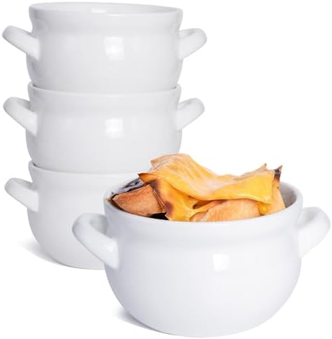 Vumdua Soup Bowls with Handles, 16 Oz Ceramic French Onion Soup Bowls - Stackable Oven Safe Bowls Serving Crocks for Soup, Cereal, Chilli, Pot Pies, Set of 4, White (White, 16 oz)