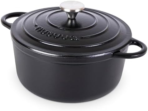 Cast Iron Pot with Lid-Non-Stick Ovenproof Enamelled Casserole Pot, Oven Safe up to 500° F-Sturdy Dutch Oven Cookware - Black, 5-Quart, 24cm-by Nuovva