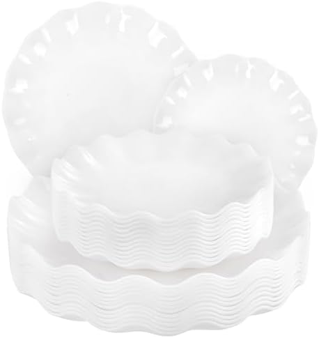 LIYH 24 Pcs White Plastic Plates Reusable - Unbreakable Party Plates, Microwave & Dishwasher Safe Camping Plate Sets Perfect for Parties, Birthday, Picnics, BPA Free (12Guests)