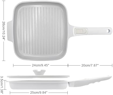 RANX INGST Nonstick Ceramic Griddle Pan with Lid, 10 Inch Steak Pan- White