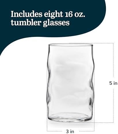 Libbey Lava Tumbler Drinking Glasses, All Purpose, Molten Groove Glasses Set of 8, Tactile, Tall Drinking Glasses for Water, Cocktails