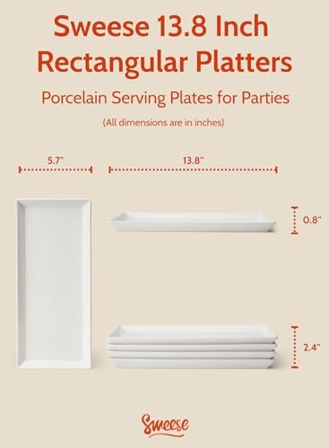 Sweese Rectangular Porcelain Platters, Serving Trays for Parties, 13.8 Inch Large Serving Dishes for Steak, Taco, Sushi, Appetizer, Cake - Dishwasher & Oven Safe - Set of 4, White