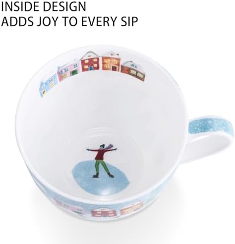 Christmas Skating Mug - 20 oz Bone China Winter Coffee Mugs with Snowy Village, Perfect Holiday and Birthday Gifts for Friends and Family - Designed in England by Harvest Green Studio