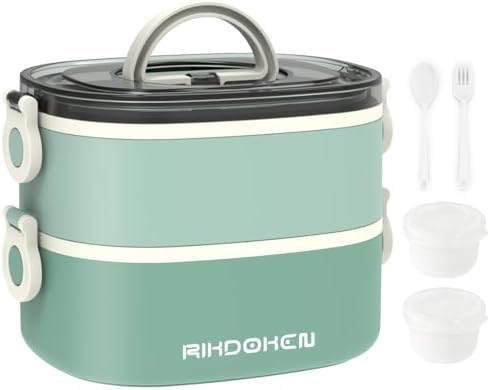 RIKDOKEN Lunch Box, Stackable 2 Layers Containers, Portable 64OZ Large Capacity Leakproof Bento Box with Spoon & Fork & Sauce Boxes, Microwave Safe Lunch Box for Kids and Adults