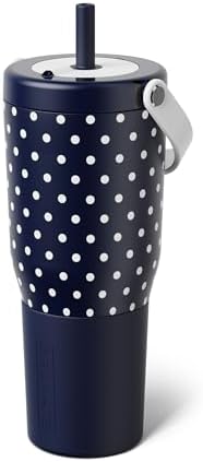 BrüMate Resa 35oz 100% Leakproof Tumbler w/Handle & Straw | Flexible SoftSip Straw | Silicone Sleeve for Durability | Stainless Steel | Cup Holder & Travel Friendly Water Bottle (Navy Polka Dots)