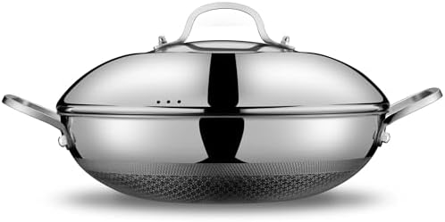 SNOWCLAD Wok, 13 Inch Hybrid Woks & Stir-fry Pans Nonstick with Double Handles, Non Toxic Stainless Steel Wok Pan with Lid, Dishwasher Induction Oven Broiler Safe