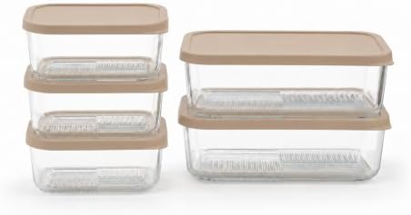 Glass Food Storage Containers with Lids - 10 Piece - 3 x 25.4 oz & 2 x 57.5 oz Glass with BPA-Free Leak Resistant Stackable Lids - Microwave, Oven & Dishwasher Safe - Ideal for Meal - Cashew Cream