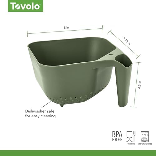Tovolo Elements Square Colander with Handle Strainer Basket for Pasta Fruit Berries Veggies, Easy to Clean BPA Free Heat Resistant Plastic Colander with Spout 3 Quart Kitchen Strainer, Thyme Green