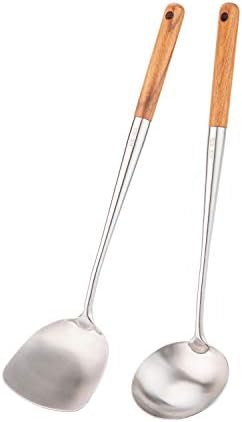 FJNATINH Wok Spatula and Ladle Tool Set, 17inches Spatula for Wok, 304 Stainless Steel Spatula Soup Ladle