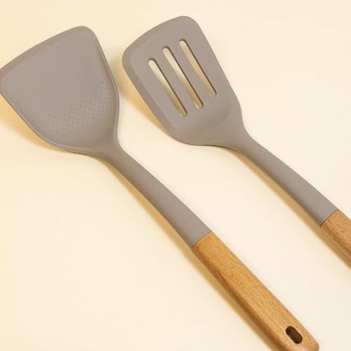 Beille 2pc Beech Wood and Silicone Spatula Set Kitchen Utensils Cooking Baking Supplies Home Essentials, Light Grey