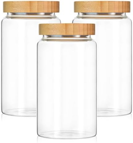 3 Pack 1200 ml / 42 oz clear cute glass storage canister holder with airtight bamboo lid, modern decorative small container jar for coffee, spice, candy, salt, cookie, condiment, pepper, sugar