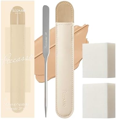 Piccasso Professional Makeup Spatula Sponge 2 Set - Stainless Steel Foundation Spatula for Thin & Seamless Base - K-Beauty Korean Tool for Flawless Finish - Includes Leather Case