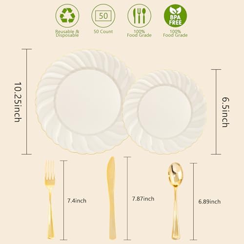 YOUBET 125PCS Ivory Scalloped Plastic Plates for Party Wedding
