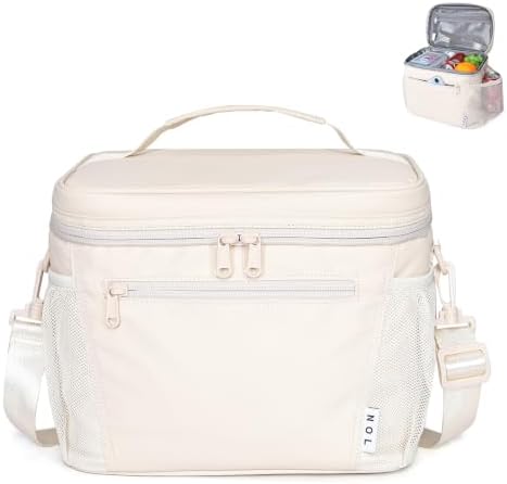 NOL Insulated Lunch Bag for Women Men Adults, Reusable Lunch Tote with Adjustable Shoulder Strap, Leakproof Thermal Food Cooler Bag with Front Pocket and Side Mesh Pockets for Work Travel, Cream