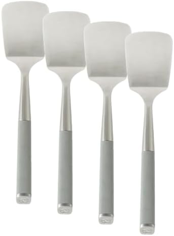 Calphalon Edge Solid Turner, Cooking Spatula, Kitchen, Stainless Steel with Silicone Heat Resistance Handle, Nonstick-Safe Spatula with Ergonomic Handle (Taupe), Turner (Pack of 4)