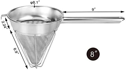 New Star Foodservice Reinforced Bouillon Strainer, 8-Inch, Fine Mesh, 18/8 Stainless Steel, Commercial Kitchen Strainer for Stocks, Sauces, Soups, and Purees