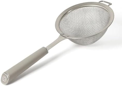 Calphalon Edge Stainless Steel Mesh Strainer with Thermoplastic Rubber Handle, Fine Kitchen Sieve for Draining, Rinsing, Sifting & Food Prep Tasks, Taupe