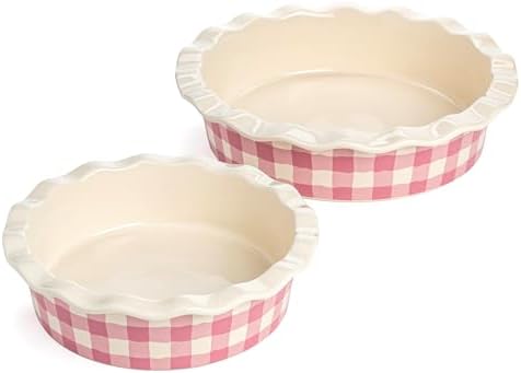 Paris Hilton Ceramic Pie Dish Set, 7-Inch and 9-Inch Stoneware Baking Dishes with Fluted Rim and Gingham Design, Oven Safe up to 450°F, 2-Piece, Pink