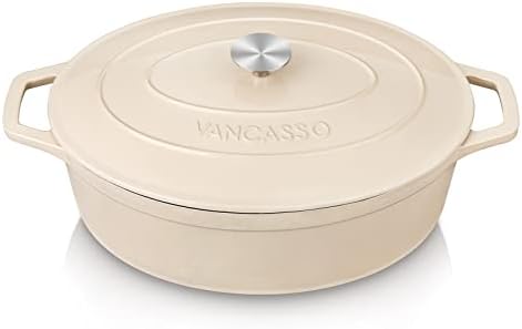 vancasso 9.3 Qt Oval Enameled Cast Iron Dutch Oven with Lid, Cream