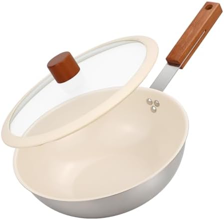 MARSKITOP Ceramic Wok with Lid, 9.5 Inch Stainless Steel Nonstick Stir Fry Pan with Wooden Handle, Compatible with All Stovetops, PFAS Free
